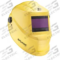 ESAB Welding Helmet: Auto-Darkening, 4 Arc Sensors, Yellow, Savage, W8-13, 3.93 in x 1.96 in (MPN 0700504101). Key specifications — Color: Yellow; Suspension Adjustment Type: Pinlock; Series: Savage A41; Graphics: Savage; Viewing Area: 3.93 in x 1.96 in; Brand: ESAB; Grind Mode: Yes; Helmet Material: Polypropylene.