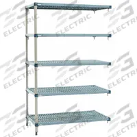 METRO Shelf Plastic Industrial Shelving (5): 18 in x 72 in, 74 in Overall Ht, 5 Shelves (MPN 5AQ377G3). Key specifications — Resistance Properties: Antimicrobial; Shelf Adjustment Type: Quick-Adjust; Frame Material: Steel; Shelving Material: Steel; Brand: METRO.