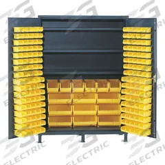 VALLEY CRAFT Bin and Shelf Cabinet: 60 in x 24 in 84 in, 3 Shelves, 172 Bins, Yellow, Flush, Gray (MPN F87954A6). Key specifications — Bin Color: Yellow; Bin HxWxD: (9) 7 in x 16-1/2 in x 14-3/4 in; Assembled: Assembled; Cabinet Style: Shelf and Bin; Brand: VALLEY CRAFT; Cabinet Color: Gray; Cabinet Finish: Powder Coated; Cabinet Material: Steel.
