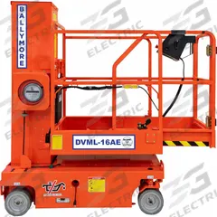 BALLYMORE Mobile Personnel Lift: Battery, Drivable, 15.4 ft Elevated Platform Ht, 58 in x 30 in (MPN DVML-16AE). Key specifications — Brand: BALLYMORE; Features Included: Platform Extension.