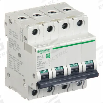 SCHNEIDER Supplementary Protector: 50 A Amps, 10kA at 240V AC, Screw Clamp - B-Curve, 4-Pole UL1077 DIN Rail-Mount Supplementary Protectors