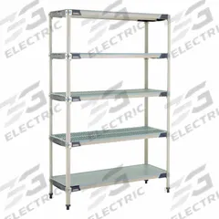 METRO Industrial Shelving Starter: 18 in x 48 in, 74 in Overall Ht, 5 Shelves, Antimicrobial (MPN 5X357HX3). Key specifications — Resistance Properties: Antimicrobial; Frame Material: 304 Stainless Steel; Shelving Material: Polymer; Brand: METRO.