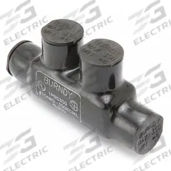 BURNDY Multitap Connector: 2 Port, In-Line Entry, 10 AWG – 350 kcmil Wire Size, Black (MPN 1PBS350). Key specifications — Body Material: Aluminum; Brand: BURNDY.