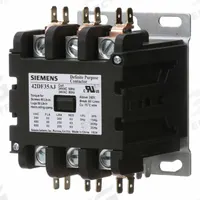 SIEMENS Definite Purpose Contactor: 3 Poles, 120V AC, 50 A, Non-Reversing, Std Contactor Frame Size (MPN 42DF35AF). Key specifications — Brand: SIEMENS; Coil Voltage: 110/110-120V AC; Mounting Style: Surface; Terminal Connection Type: Quick Disconnect and Screw/Box Lug; Maximum Voltage Rating: 600V AC; Series: 42 Series; Phase: Three; Main Pole Contact Form: 3NO.