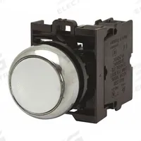 EATON Illuminated Push Button: Illuminated, Flush Profile, Non-Metallic, 22 mm, 1NO/1NC (MPN M22-DRL-W-K11-230W). Key specifications — Brand: EATON; Action: Maintained; Series: M22; Push Button Material Type: Non-Metallic.
