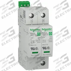SCHNEIDER ELECTRIC Surge Arrester: Two Phase, 120/240V AC, 2 Poles, 3 Wires, L-N, 200 kA (MPN M9L12240). Key specifications — Voltage: 120/240V AC; Number of Wires: 3 Wires; Phase: Two; Modes of Protection: L-N; Voltage Protection Rating: 1200V (L-L); Short Circuit Current Rating: 200 kA; Mounting Style: DIN-Rail; Brand: SCHNEIDER.