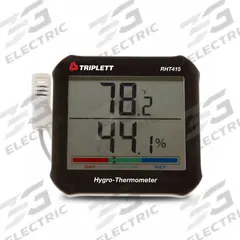 TRIPLETT Relative Humidity/Temperature Indicator: 0%to 99% Humidity Range, Humidity/Temp (MPN RHT415). Key specifications — Primary Scale: Humidity/Temperature; Secondary Scale: Comfort Level; Display Type: Digital; Brand: TRIPLETT.