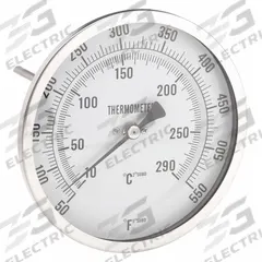 APPROVED VENDOR Dial Thermometer: 50°F to 550°F /10°C to 290°C, 6 in Stem Lg, 5 in Dial Dia (MPN 1NGE9). Key specifications — Accuracy: ±1.5 % Below 150 °F; Brand: APPROVED VENDOR.