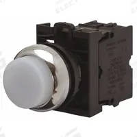 EATON Illuminated Push Button: Illuminated, Extended Profile, Non-Metallic, 22 mm, 2NO (MPN M22-DLH-W-K20-230W). Key specifications — Brand: EATON; Action: Momentary; Series: M22; Push Button Material Type: Non-Metallic.