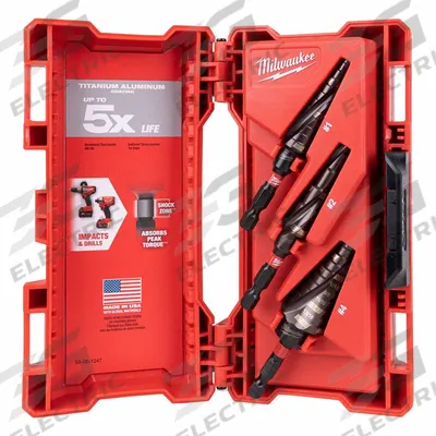 MILWAUKEE Step Drill Bit Set: 3 Pc, 1/8" to 1-1/8" - Impact-Rated High-Speed Steel Step Drill Bit Sets