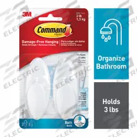 COMMAND Bath Hook: 3 lb Wt Capacity, 1 Points per Hook, White, 3 in Overall Ht, 3 in Base Ht, 2 PK (MPN BATH18-EF). Key specifications — Brand: COMMAND; Color: White.