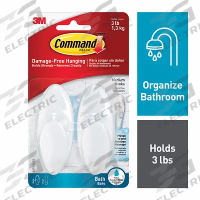 COMMAND Bath Hook: 3 lb Wt Capacity, 1 Points per Hook, White, 3 in Overall Ht - Bath & Wet Location Adhesive-Backed Hooks