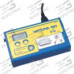 HAKKO Soldering Iron Tester: 32°F to 1,292°F (MPN FG101B-03). Key specifications — Testing Functions: Tip-To-Ground Resistance; Display Units of Measure: Fahrenheit; Tip Voltage to Ground Range: 0 to 40mV; Thermocouple Type: Type K (CA); Operating Voltage: 120V; Manufacturer Part Number: FG101B-03; Power Source: Electric Corded; Tip Voltage to Ground Accuracy: +/-5% +1 Digit.