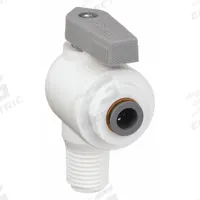 PARKER Manual Two-Way Ball Valve: 1/4 in, Polypropylene, Angle, Push x MNPT, Full Port Ball Port (MPN LFPP4VME4). Key specifications — Brand: PARKER; Handle: Lever.