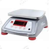 OHAUS Food Scale: 7 1/2 in Weighing Surface Dp, 9 1/2 in Weighing Surface Wd, 4 7/8 in Overall Ht (MPN V22XWE15T). Key specifications — Readability: 0.005 lb/2 g; Brand: OHAUS; IP Rating: IPX8.