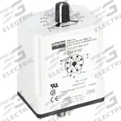 DAYTON Single Function Time Delay Relay: Socket Mounted, 24V AC/DC, 10 A, 8 Pins/Terminals, On Delay (MPN 24EP10). Key specifications — Brand: DAYTON.