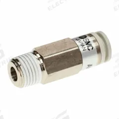 SMC Pneumatic Check Valve: Male Connector, NBR, Aluminum Alloy (Valve)/PBT (Body)/Spacer (Brass) (MPN AKH08B-02S). Key specifications — attr291949: 8 mm Tubing; attr291950: 1/4 in BSPT; attr291957: NBR, Aluminum Alloy (Valve); PBT (Body); Spacer (Brass); attr294749: SMC.