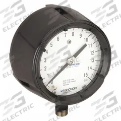 ASHCROFT Process Pressure Gauge: 0 psi to 15 psi, White, 4 1/2 in Dial, 1/2 in NPT Male, Bottom (MPN 451279SS04LXLL15). Key specifications — Brand: ASHCROFT; Pointer Color: Black; Accuracy: ±0.5%; Dial Color: White; Gauge Wetted Parts: Stainless Steel; Case Material: Phenolic; Vibration Resistance Properties: Dry Case Vibration-Dampened; Pressure Range: 0 psi to 15 psi.