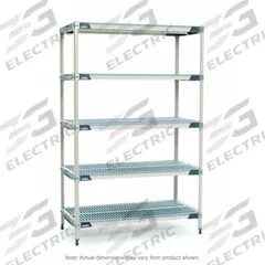 METRO Plastic Industrial Shelving: 24 in x 72 in, 74 in Overall Ht, 5 Shelves, Antimicrobial (MPN 5X577GX3). Key specifications — Resistance Properties: Antimicrobial; Frame Material: 304 Stainless Steel; Shelving Material: Polymer; Brand: METRO.