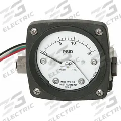 MIDWEST INSTRUMENT Differential Pressure Gauge & Switch: Back, 1/4 in NPT Female, 120, 2 1/2 in Dial (MPN 120-AA-00-O(CA)-15P). Key specifications — Sensor Type: Piston; Series: 120; Housing Material: Aluminum; Certificate of Calibration: Not Included; Gauge Accuracy: ±3-2-3%.