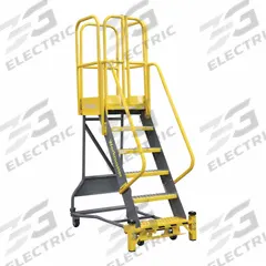 COTTERMAN Rolling Ladder: 6.7 ft Platform Ht, Partially Assembled, Foot-Activated Step Lock, Steel (MPN WMX08R37A6FGP3). Key specifications — Brand: COTTERMAN; Color: Yellow; Handrail Configuration: Double Handrails.