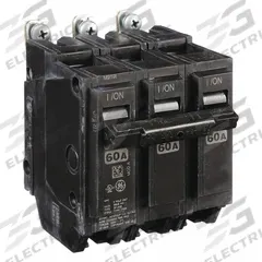 GE Miniature Circuit Breaker: THQB, 60 A, 120/240V AC, Three Phase, 10kA at 120/240V AC, Std (MPN THQB32060). Key specifications — attr195972: 60 A; attr195973: 120/240V AC; attr195974: Three; attr195975: 10kA at 120/240V AC; attr195976: Lighting Panels.