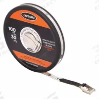 KESON Long Tape Measure: Manual, MC-18M-100, Metric/SAE, 100 ft / 30 m, 1/8 in/2 mm, Stainless Steel. Key specifications — attr939846: MC-18M-100; attr939849: Fiberglass; attr939859: Nonmagnetic Double Hook; attr939850: Double-Sided; attr939855: 2 mm; attr944023: Hook End; attr940484: KESON; attr985224: Stainless Steel.