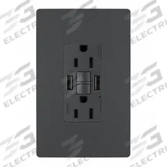 USB Receptacle: Duplex, 5-15R, 2 USB Ports, USB Type A, Graphite, 125V AC, 15 A, GFCI (MPN 1597TRUSBAAGC4). Key specifications — Brand: LEGRAND.
