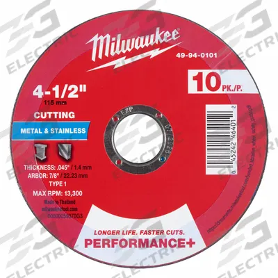 MILWAUKEE Cut-Off Wheel: Type 1, 4 1/2" x 0.045" x 7/8", Aluminum Oxide, 46 Grit - General Purpose Cut-Off Wheels for Carbon & Stainless Steel