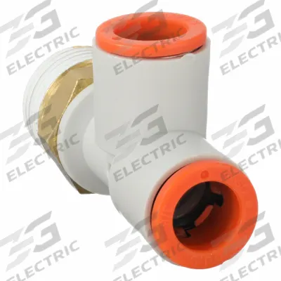SMC Push-Fit Tee Fitting: 3/8 in Pipe x 3/8 in OD x 3/8 in OD x 3/8 in Pipe Size - Polybutylene & Brass Tube Fittings