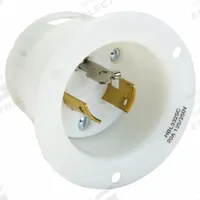 HUBBELL Locking Inlet: Non-NEMA, White, 125/250V AC, 20 A, 3 Pole, 3 Blade (MPN HBL3325C). Key specifications — Voltage Rating: 125/250V AC; Brand: HUBBELL.