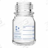 DURAN Narrow Mouth Round Glass Bottles - Safety Coated: 100 mL, 45 mm, Colorless, 10 Bottles (MPN 218152484). Key specifications — Brand: DURAN; Graduated: Yes; Pre-Cleaned: None; Body Color: Colorless; Screw Closure Size: 45 mm.