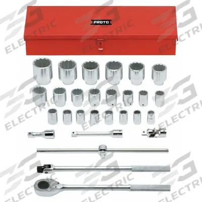 PROTO Socket Set: 3/4 in Drive, 28 Piece, 12-Point, Metric - Metric Socket Sets with Drive Tools