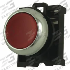 EATON Flush Push Button: Red, 22 mm Mounting Size, Non-Metallic, Momentary (MPN M22M-DL-R). Key specifications — Brand: EATON; Action: Momentary; Series: M22; Push Button Material Type: Non-Metallic.