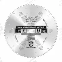 FREUD Circular Saw Blade: 14 in Blade Dia., 100 Teeth, 0.14 in Cut Wd, 1 in Arbor Size, Thick Metal (MPN LU89M014). Key specifications — attr1116119: FREUD; attr1145631: Aluminum.