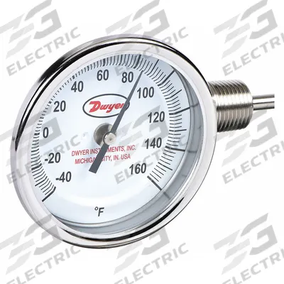 Dwyer Dial Thermometer: -40°F to 160°F, ±2%Full Scale Accuracy, 6 in Stem Lg - Side- & Bottom-Mount Fixed-Angle Thread-Mount Dial Thermometers