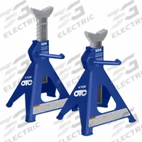 OTC Jack Stand: Ratcheting, 4 ton Load Capacity, 23 3/4 in Max Extended Ht, 15 1/2 in Min Ht, 1 PR (MPN S04). Key specifications — Base Shape: Square; Base Material: Steel; Saddle Shape: V-Notch; Brand: OTC.