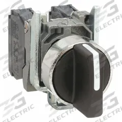 SCHNEIDER Selector Switch: 22 mm Panel Mounting Size, 3 Positions, Short Lever, 2NO, Metallic (MPN XB4BD53). Key specifications — AC Contact Rating: 1.2 A @ 600 V; Action: Momentary/Maintained/Momentary; Cam: No Cam Included; DC Contact Rating: 0.27 A @ 250 V; Hazardous Location Specification: Not Rated; Operator Head Material: Plastic; Operator Head Type: Short-Handled Knob; Operator Illumination: Non-Illuminated.