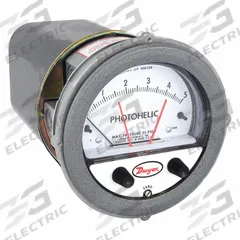 DWYER Differential Pressure Gauge & Switch: Single-Side, 1/8 in NPT Female, ±2% Gauge Accuracy (MPN A3005). Key specifications — Sensor Type: Diaphragm; Series: A3000 Photohelic; Housing Material: Die Cast Aluminum; Certificate of Calibration: Not Included; Gauge Accuracy: ±2%.