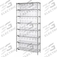 QUANTUM STORAGE SYSTEMS Bin Shelving: 12 in x 36 in x 74 in, 1 Sided, 56 Bins, Open, Shelf Bin (MPN WR8-801CL). Key specifications — Includes Bins: Yes; Bin Material: Polypropylene; Frame Color: Silver; Bin HxWxD: (56) 8 in x 4-3/8 in x 11-5/8 in; Frame Material: Steel; Bin Color: Clear; Bin Style: Shelf; Brand: QUANTUM STORAGE SYSTEMS.