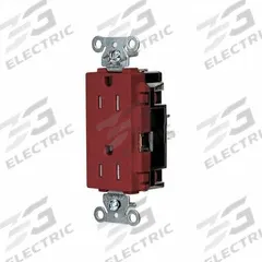 HUBBELL Receptacle: Decorator Duplex, 5-15, Red, 125V AC, 15 A, 2 Pole / 3 Wire (MPN DR15STRTR)