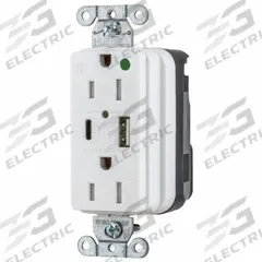 USB Receptacle: Duplex, 5-15R, 2 USB Ports, USB Type A/C, White, 125V AC, 15 A (MPN SNAP8200UACW). Key specifications — Brand: HUBBELL.