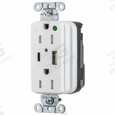HUBBELL Receptacle: Duplex, 5-15R, 2 USB Ports, USB Type A/C, White, 125V AC - Hospital-Grade Receptacles with USB Chargers