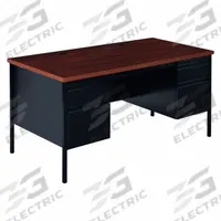 HIRSH Office Desk: Particle Board, Black Matrix/Walnut, 2 Pedestals, 4 Drawers, 60 in Overall Wd (MPN 20446). Key specifications — Desktop Material: Particle Board; Includes Modesty Panel: Yes; Kit Product Type: Rectangular Office Desk; Desktop Color: Walnut; Brand: HIRSH; Frame Color: Walnut; Frame Material: Steel; Product Type: Rectangular Office Desk.