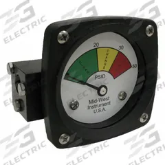 MIDWEST INSTRUMENT 3-Color Differential Pressure Indicator: 1,000 psig Max. Static Pressure, 522 (MPN 522A-050V). Key specifications — Brand: MIDWEST INSTRUMENT; Accuracy: ±5% of Full Scale; Sensor Material: Viton; Housing Material: Aluminum; Transition Points: 0 psid to 20 psid (Green) / 20 psid to 30 psid (Yellow) / 30 psid to 50 psid (Red).