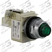 SCHNEIDER ELECTRIC Pilot Light: 30 mm Panel Mounting Size, Green, Incandescent, 9001K Series (MPN 9001KT1G31). Key specifications — Series: 9001K; Brand: SCHNEIDER; Includes Push-To-Test: Push-To-Test Included.