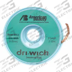 AMERICAN BEAUTY Desoldering Braid: Rosin Flux, # 3, 0.08 in, 5 ft, Green, ESD-Safe (MPN 484-3). Key specifications — Color: Green; Brand: AMERICAN BEAUTY; Manufacturer Part Number: 484-3.