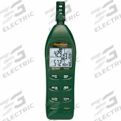 EXTECH Hygro Thermometer Psychrometer: Onboard, 9 in x 2.2 in x 1.7 in, -4°F to 122°F (MPN RH350). Key specifications — Brand: EXTECH; Calibration Certificate: Not Included.