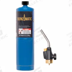 BERNZOMATIC Torch Kit: Webbed Flame, Trigger-Start, Fixed Tip (MPN 361546). Key specifications — Brand: BERNZOMATIC; Manufacturer Part Number: 361546; Compatible Fuel Type: Propane; Flame Adjustment: Adjustable Flame; Tip Type: Fixed Tip.