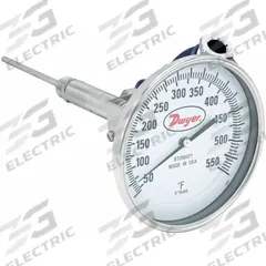 DWYER Dial Thermometer With Process Output: 50°F to 550°F, +/- 1% Accuracy, 6 in Stem Lg, Male (MPN BTO56071). Key specifications — Brand: DWYER; Accuracy: +/- 1%.